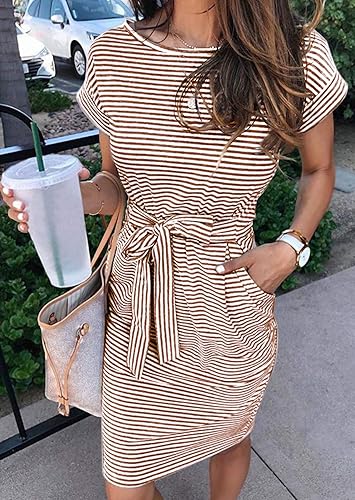 Women's Summer Striped Short Sleeve T Shirt Dress Casual Tie Waist with Pockets