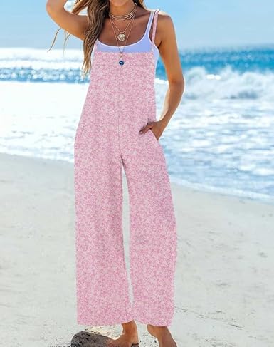 Women's Boho Wide Leg Overalls Floral Print Summer Jumpsuits Casual Romper Loose Outfits with Pockets