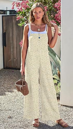 Women's Boho Wide Leg Overalls Floral Print Summer Jumpsuits Casual Romper Loose Outfits with Pockets