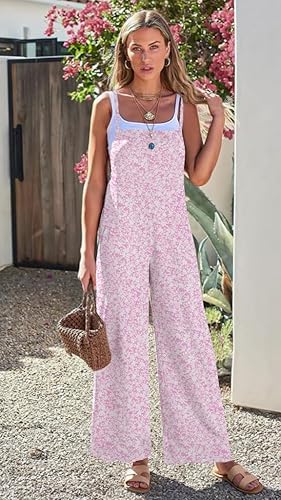 Women's Boho Wide Leg Overalls Floral Print Summer Jumpsuits Casual Romper Loose Outfits with Pockets