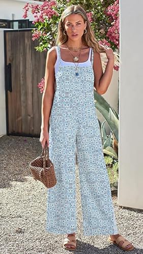 Women's Boho Wide Leg Overalls Floral Print Summer Jumpsuits Casual Romper Loose Outfits with Pockets