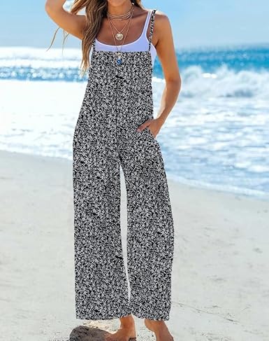 Women's Boho Wide Leg Overalls Floral Print Summer Jumpsuits Casual Romper Loose Outfits with Pockets