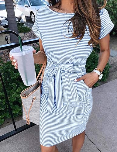 Women's Summer Striped Short Sleeve T Shirt Dress Casual Tie Waist with Pockets