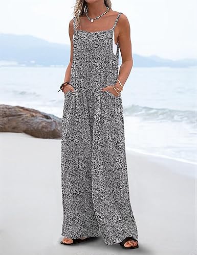 Women's Boho Wide Leg Overalls Floral Print Summer Jumpsuits Casual Romper Loose Outfits with Pockets