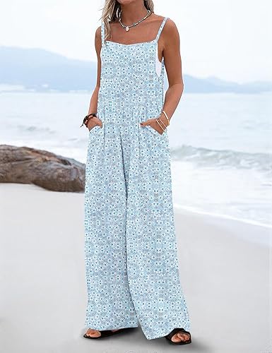 Women's Boho Wide Leg Overalls Floral Print Summer Jumpsuits Casual Romper Loose Outfits with Pockets