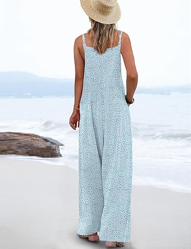Women's Boho Wide Leg Overalls Floral Print Summer Jumpsuits Casual Romper Loose Outfits with Pockets