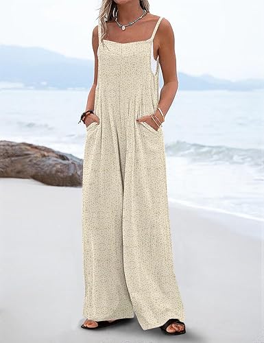 Women's Boho Wide Leg Overalls Floral Print Summer Jumpsuits Casual Romper Loose Outfits with Pockets