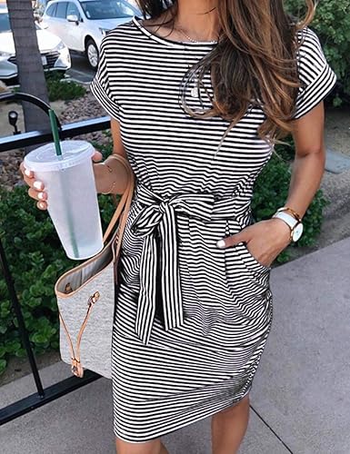 Women's Summer Striped Short Sleeve T Shirt Dress Casual Tie Waist with Pockets