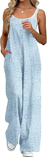 Women's Boho Wide Leg Overalls Floral Print Summer Jumpsuits Casual Romper Loose Outfits with Pockets