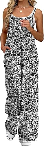 Women's Boho Wide Leg Overalls Floral Print Summer Jumpsuits Casual Romper Loose Outfits with Pockets